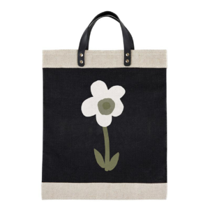Market Tote - Black with Flower Design with Leather Handles