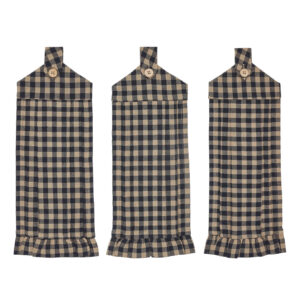 cotton black checked tea towels with a button loop at the top for hanging set of 3