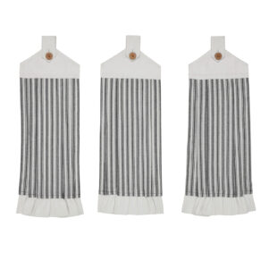 Set of three black ticking stripe cotton kitchen towels with pleated texture and button loops, 21x7 inches each