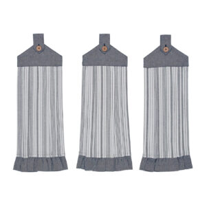 Set of three blue ticking stripe cotton kitchen towels with textured weave and button loops, 21x7 inches each