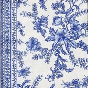 cocktail sized napkins in a blue and white toile pattern measuring 5"x5".