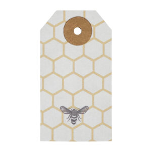 bumble bee gift tag with gold lattice design in background, can be used for gift wrap or place setting or adding a rustic charm to home decor
