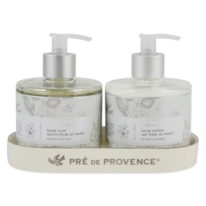 body lotion and liquid soap set sitting on a decorative tray