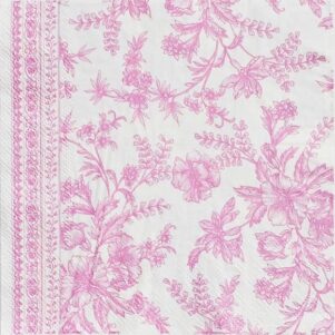 lunch sized napkins in a pink and white toile pattern measuring 6.5"x 6.5"