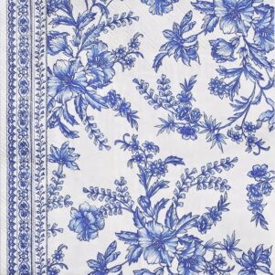 lunch sized napkins in a blue and white toile pattern measuring 6.5" x 6.5"