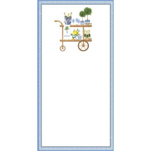 white notepad with blue trim with a bar cart at the top with a topiary on it