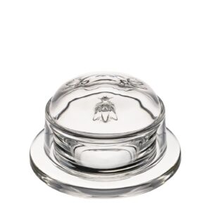 glass butter dish with lid and embossed bees on lid