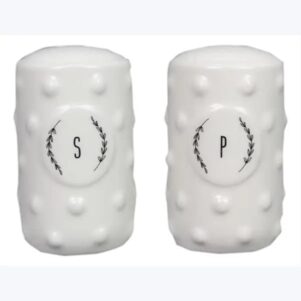 ceramic salt and pepper set in a soft white with black letter s and p with an olive branch around each letter