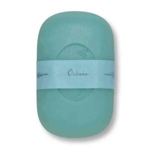 a curved french soap bar with a ocean scent with a white background