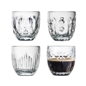 set of four clear glass espresso cups, no handle, assorted designs etched into glass