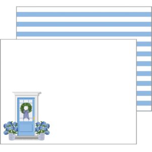 flat notecard set, white notecard with a blue front door in bottom left surrounded by hydrangeas. the back side of notecard is blue and white striped