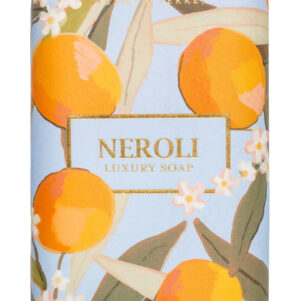 french soap bar wrapped in a light blue paper with oranges and orange blossom print