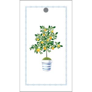 white gift tag with a lemon tree in the center potted in a blue and white pot