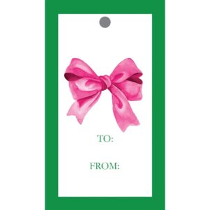white gift tag with green trim and a pink bow in the middle with a to and a from for gift giving