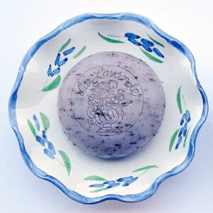 white ceramic soap dish with scalloped edging. edge is lavender and there are handpainted lavender and green flowers