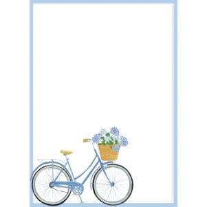 white notepad with light blue border and a blue bicycle in the bottom left with hydrangeas in a wicker bike basket