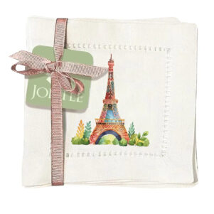 set of six cloth cocktail napkins with a colorful design of the eiffel tower
