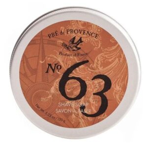 men's no. 63 shave soap in a tin with a brown label