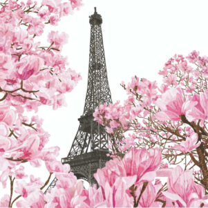 Cocktail napkin april in paris eiffel tower pink floral trees design