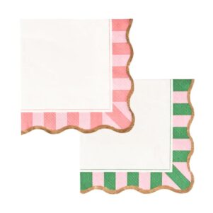 cocktail napkins in two patterns, one with pink cabana stripes the other with pink and green cabana stripes
