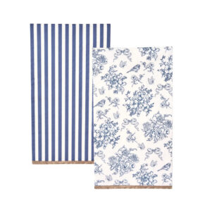 guest or dinner napkins ten of each pattern. one pattern is blue and white stripe the other is white background with blue toile