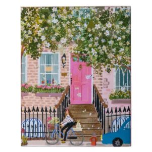 colorful city scene of a pink front door and a preppy girl on a bike with a blue car parked out front and a lot of flowers