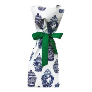 white paper wine bag with blue and white ginger jars all over, tied with a green ribbon