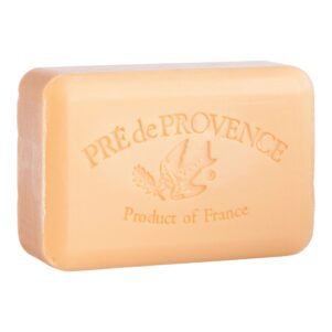 french soap bar, rectangle shape in a light orange color. persimmon scented soap