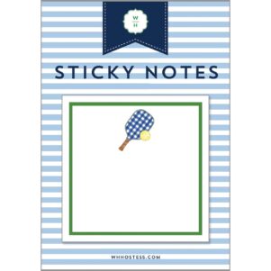white sticky notes with a blue and white checked pickleball paddle at the top