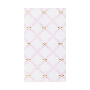 paper guest towels with a pink trellis design with small bows on a white background
