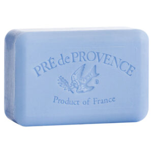 french soap bar, rectangle shape, light blue color in starflower scent