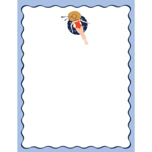 white notepad with light blue trim and a darker blue border with a graphic of a lady on an inner tube with a resort hat on