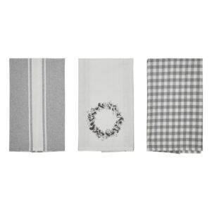 set of three tea towels one is soft gray and white stripe one is soft white with a eucalyptus wreath screen printed on it and the last one is soft gray and white checked