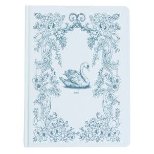hardcover journal with a toile pattern and a blue swan sketched in the middle