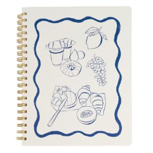 gold spiral bound hardcover journal, white with blue border and sketches of different breakfast foods in blue