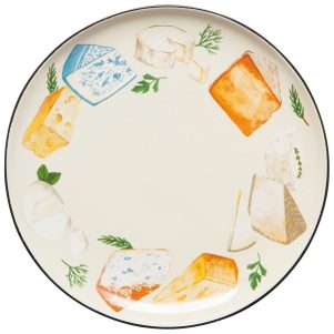 7" round stoneware plate with printed designs of different cheese all around the perimeter